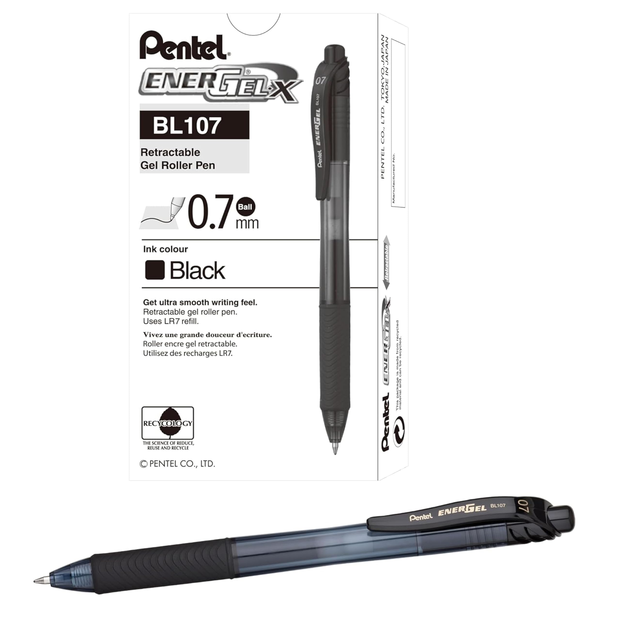 Pentel EnerGel-X Retractable Pen, 0.7 mm Tip - Black, Pack of 12