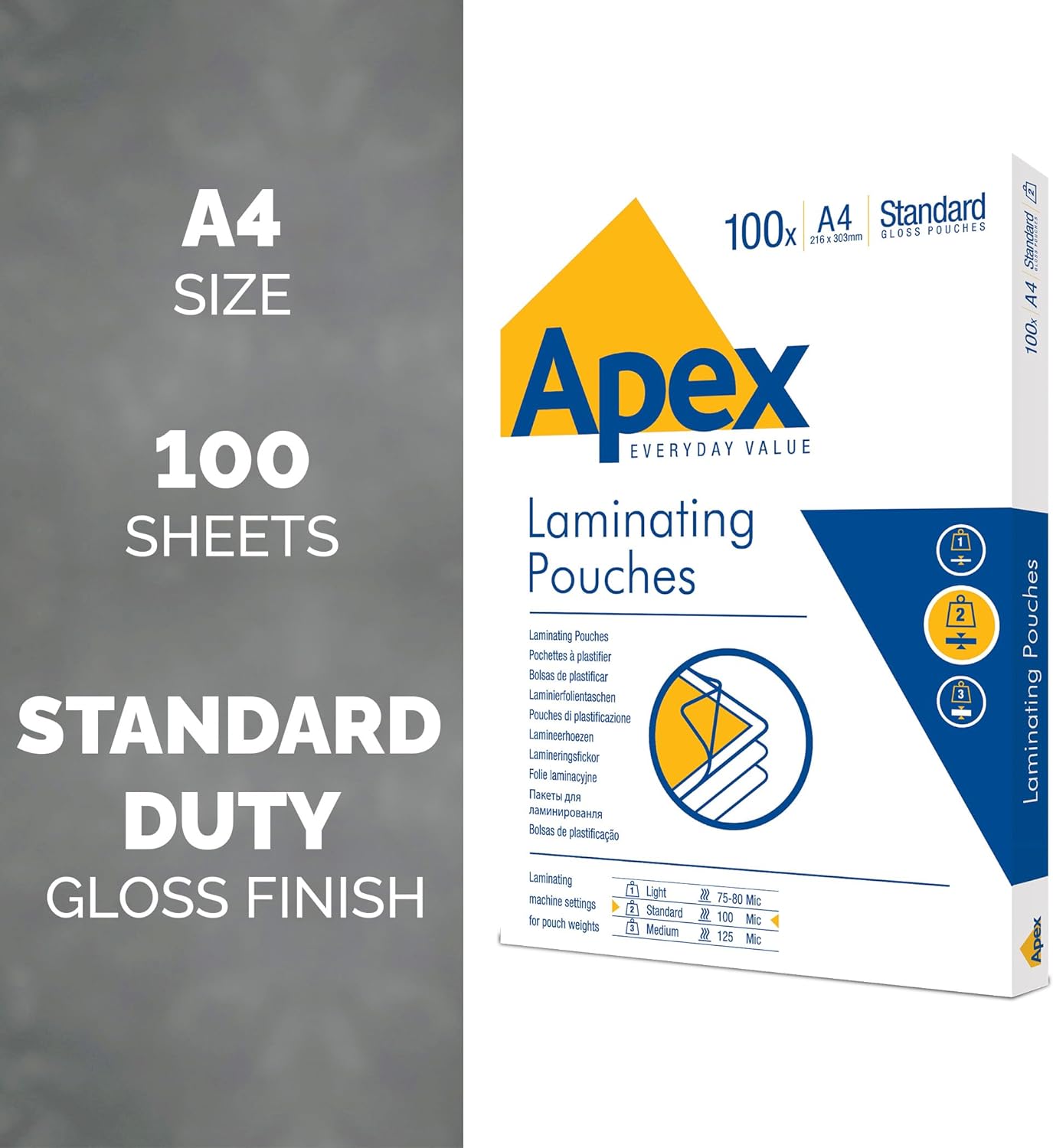 Fellowes Apex A4 Laminating Pouches, Glossy Finish, 100 Sheets - Standard - Ideal for Notices, Photos, Creatives, Certificates and Everyday Use