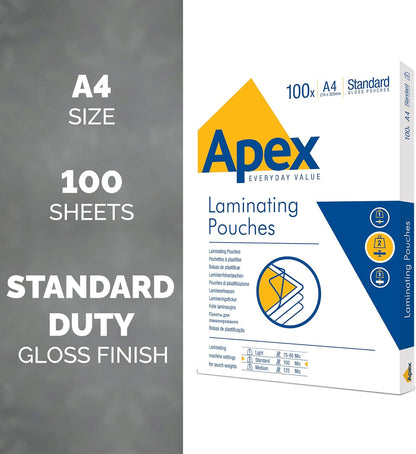 Fellowes Apex A4 Laminating Pouches, Glossy Finish, 100 Sheets - Standard - Ideal for Notices, Photos, Creatives, Certificates and Everyday Use