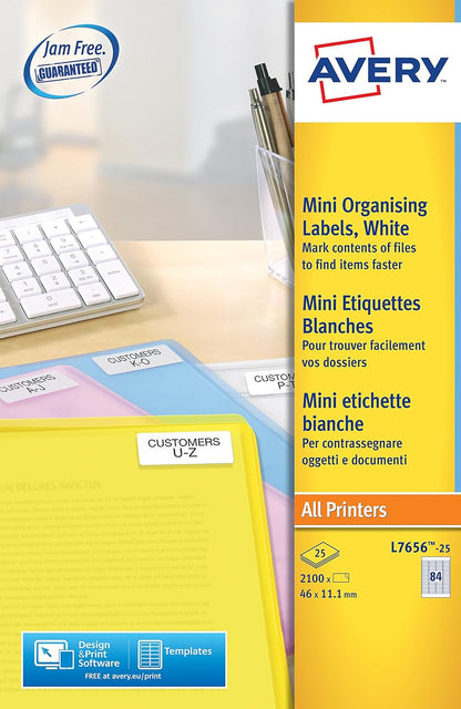 Avery Self Adhesive Mini Organising Labels, All Printers, 84 Labels Per A4 Sheet, 2100 Labels, QuickPEEL (L7656