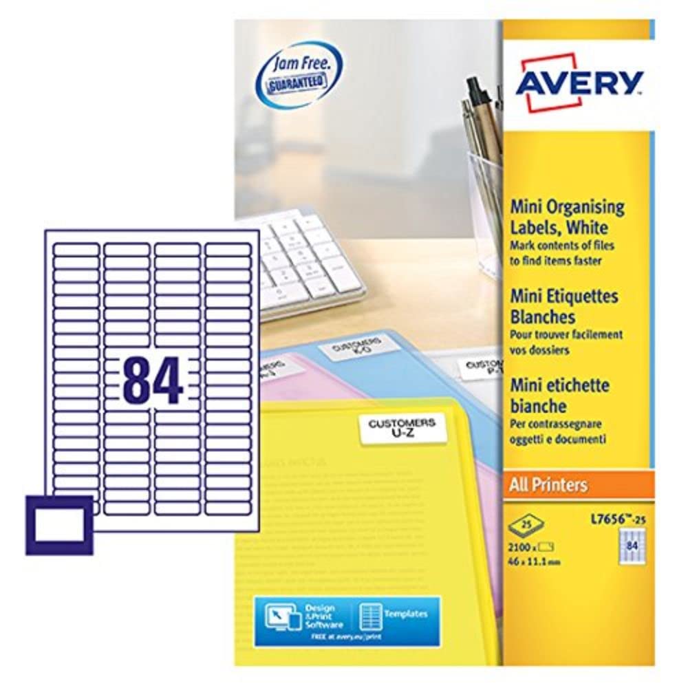 Avery Self Adhesive Mini Organising Labels, All Printers, 84 Labels Per A4 Sheet, 2100 Labels, QuickPEEL (L7656