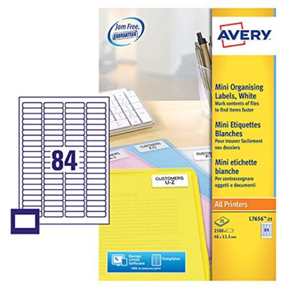 Avery Self Adhesive Mini Organising Labels, All Printers, 84 Labels Per A4 Sheet, 2100 Labels, QuickPEEL (L7656