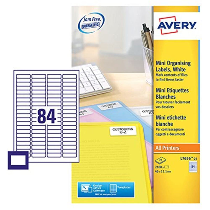 Avery Self Adhesive Mini Organising Labels, All Printers, 84 Labels Per A4 Sheet, 2100 Labels, QuickPEEL (L7656
