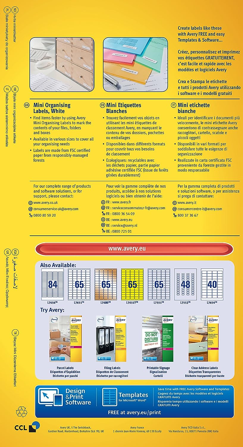 Avery Self Adhesive Mini Organising Labels, All Printers, 84 Labels Per A4 Sheet, 2100 Labels, QuickPEEL (L7656