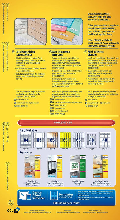 Avery Self Adhesive Mini Organising Labels, All Printers, 84 Labels Per A4 Sheet, 2100 Labels, QuickPEEL (L7656