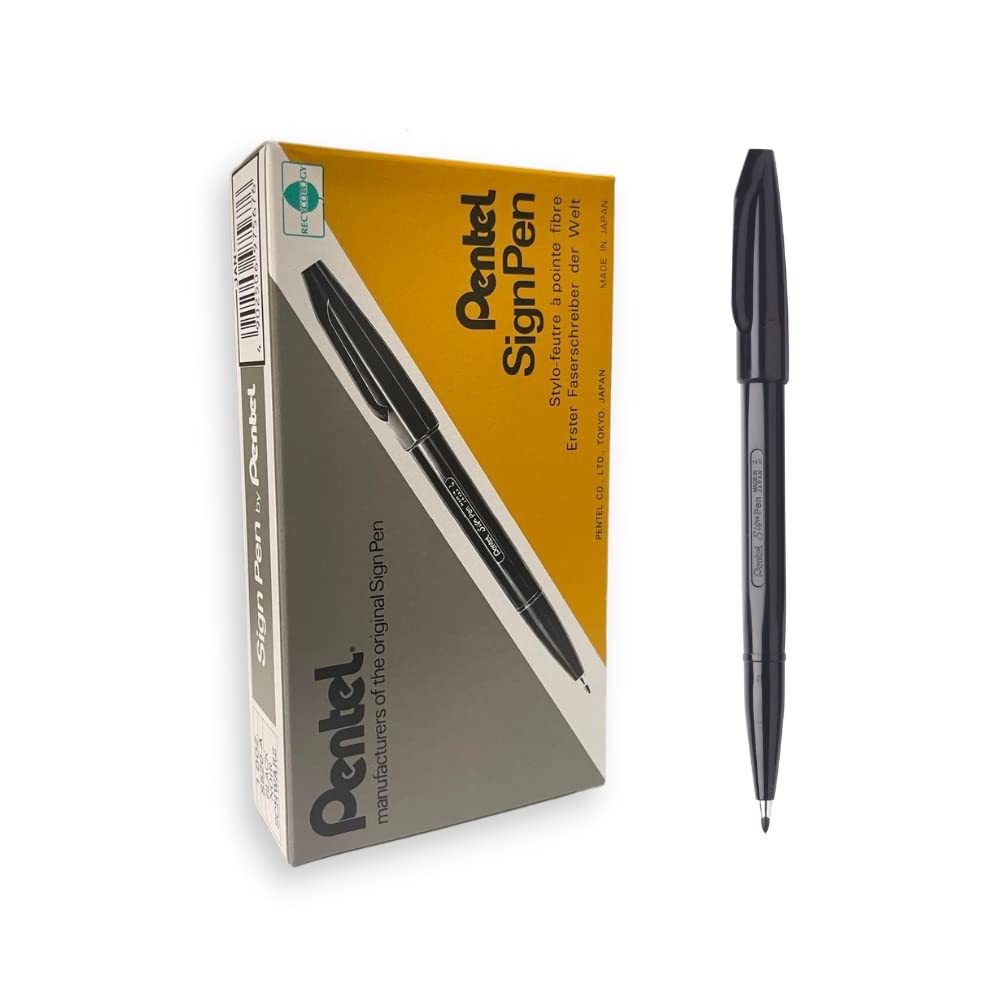 Pentel Lot de 12 S520 Sign Pen Stylo feutre à Pointe fibre fine Noir