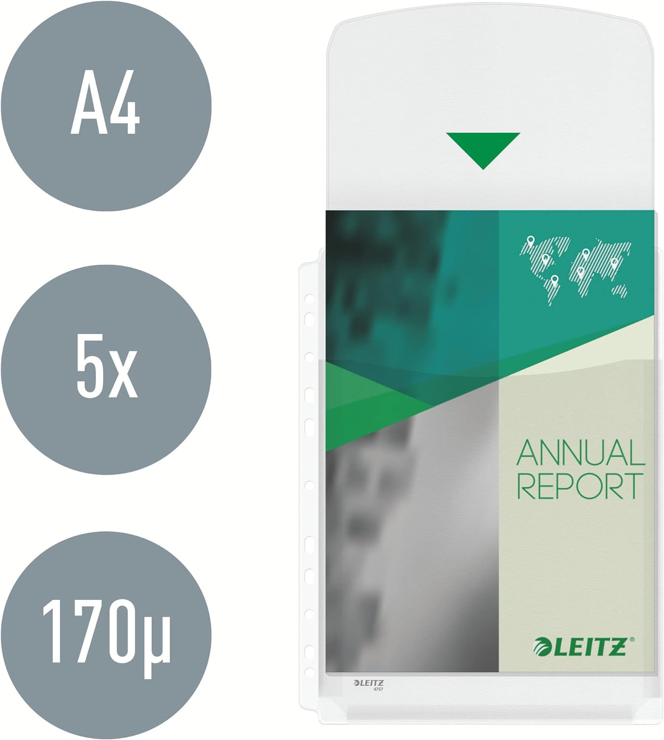 Leitz Premium Plastic Punched Pocket A4, Expanding, High Capacity 200 Sheets, 170 Micron PVC, Top Flap, Pack of 5, 47573003
