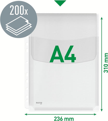 Leitz Premium Plastic Punched Pocket A4, Expanding, High Capacity 200 Sheets, 170 Micron PVC, Top Flap, Pack of 5, 47573003