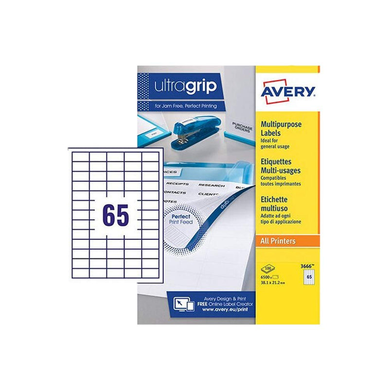 Avery 3666-40 self-adhesive Multipurpose/copier Labels, 65 labels per A4 Sheet, White, 40 Sheets