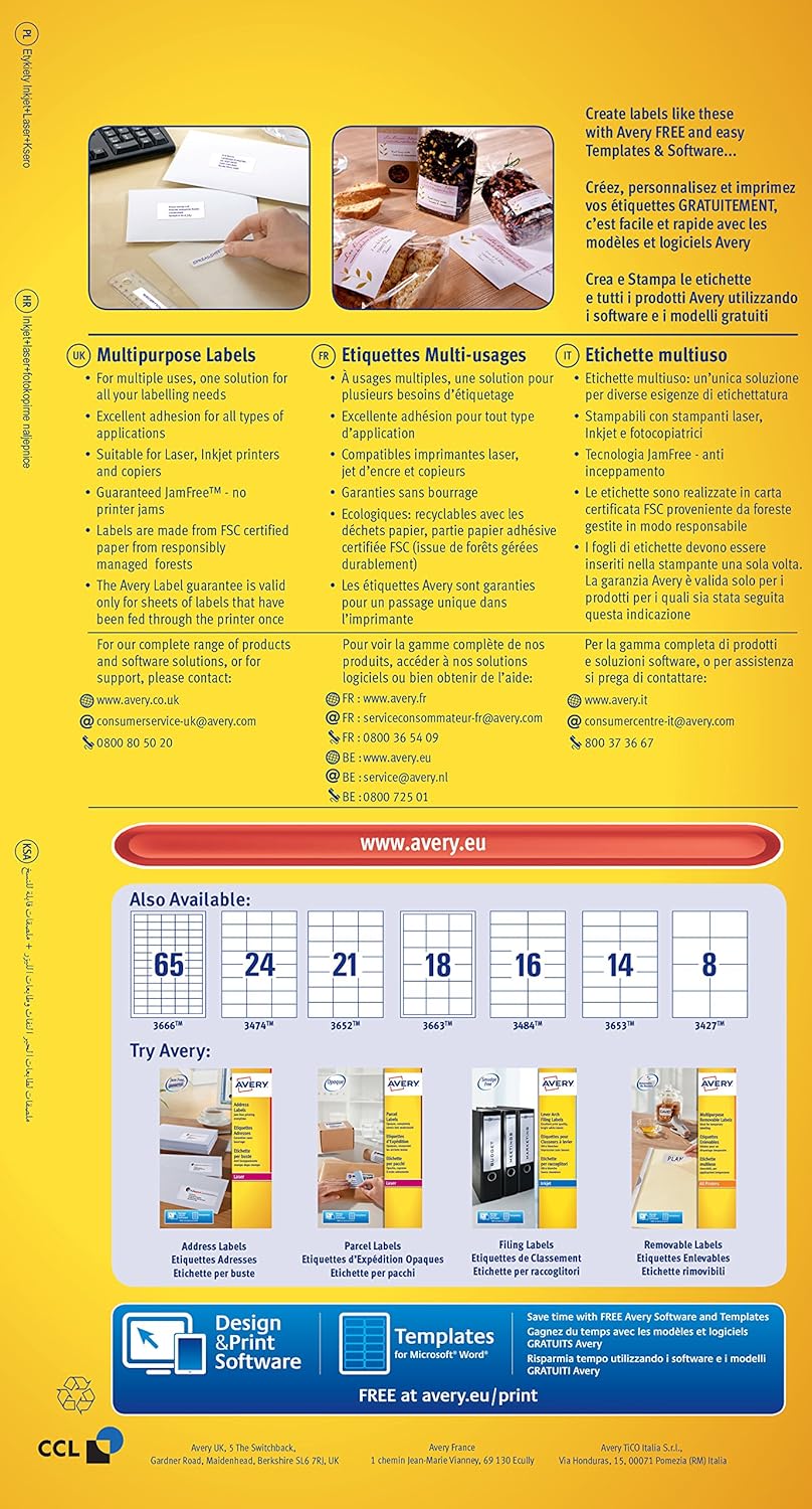 Avery 3666-40 self-adhesive Multipurpose/copier Labels, 65 labels per A4 Sheet, White, 40 Sheets