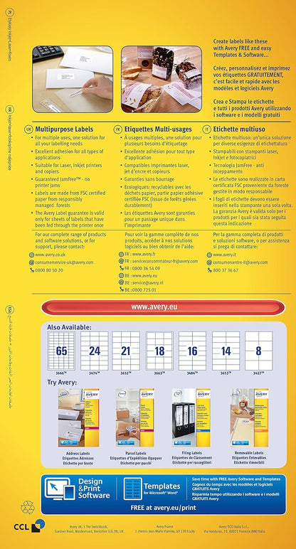 Avery 3666-40 self-adhesive Multipurpose/copier Labels, 65 labels per A4 Sheet, White, 40 Sheets