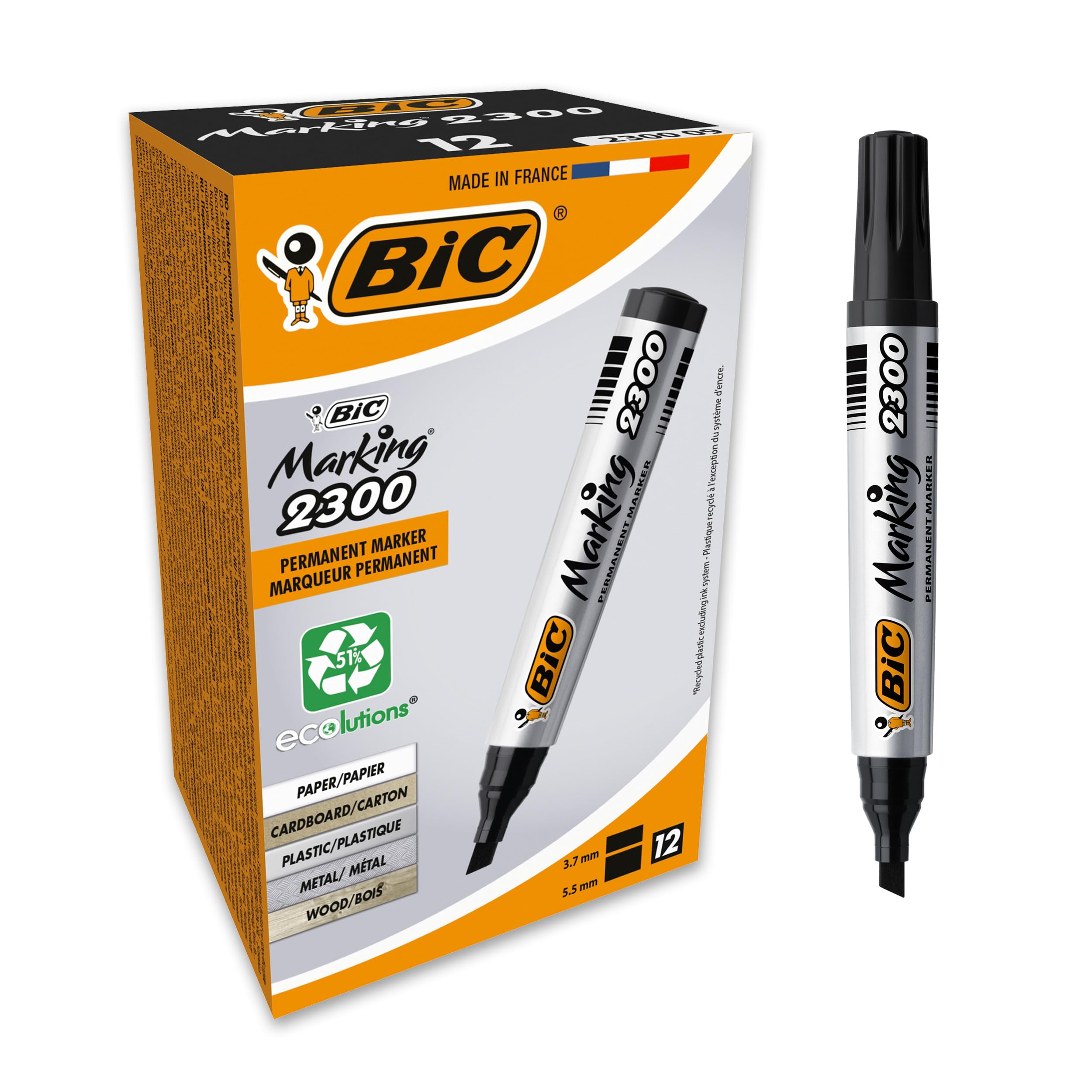 BIC Marking 2300 ECOlutions, Multi-Surface Black Permanent Markers, Ideal for School, Low-Odour Ink, Pack of 12