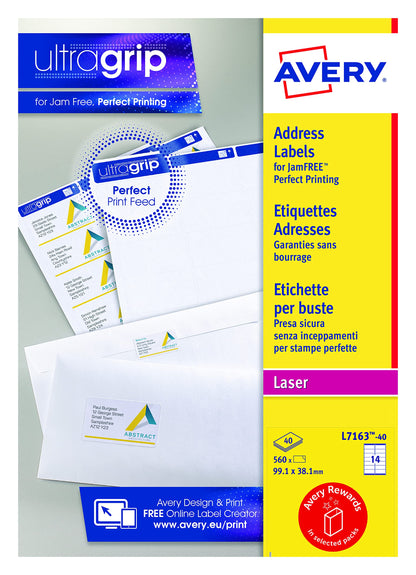 Avery Self Adhesive Address Mailing Labels, Laser Printers, 14 Labels Per A4 Sheet, 560 labels, UltraGrip (L7163), White, 40 Sheets