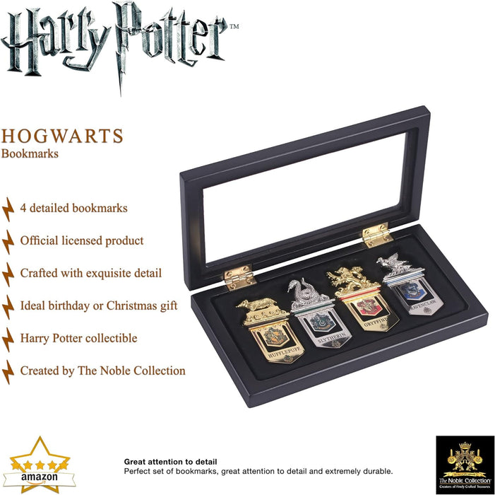 The Noble Collection Harry Potter Hogwarts Bookmarks - 6.3in (16cm) Display Set of 4 Metal Hogwarts House Bookmarks - Officially Licensed Film Set Movie Gifts Stationery Brown Display Case