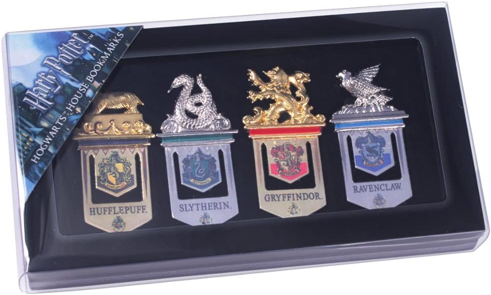 The Noble Collection Harry Potter Hogwarts Bookmarks - 6.3in (16cm) Display Set of 4 Metal Hogwarts House Bookmarks - Officially Licensed Film Set Movie Gifts Stationery Brown Display Case