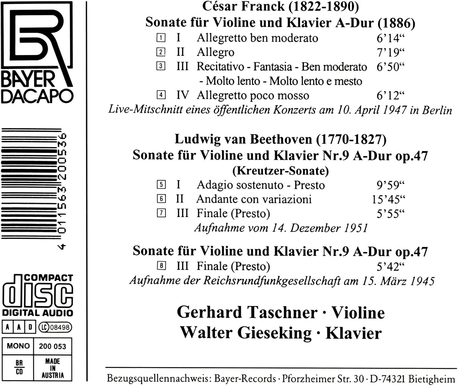 Taschner Spielt Franck und Beethoven (Aufnahmen 1945/1947/1951