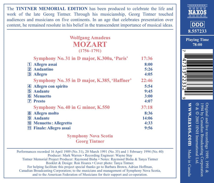 Mozart: Symphonies Nos. 31, 35 and 40, Tintner Memorial Edition, Vol. 1