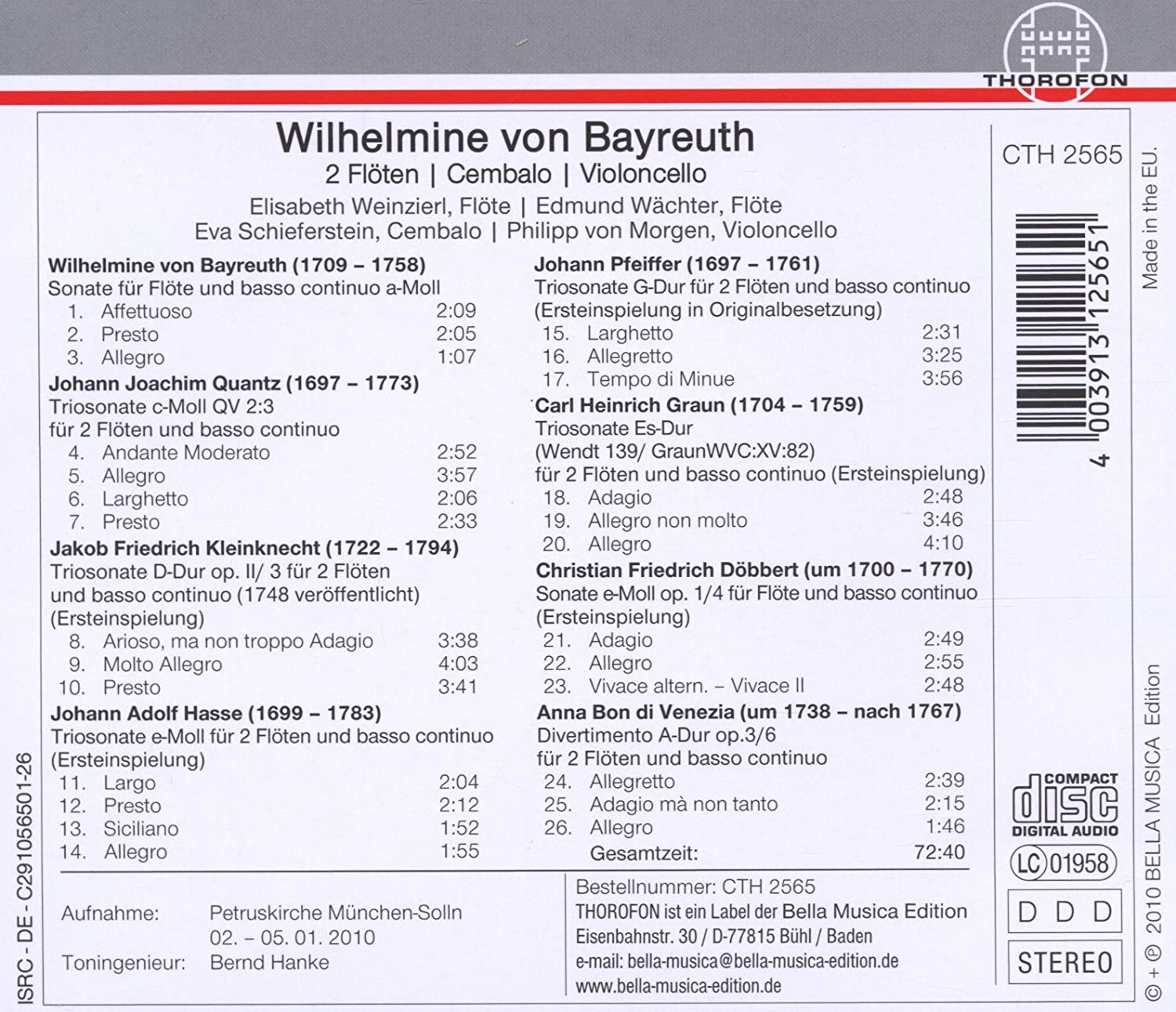 Wilhelmine Von Bayreuth: Chamber Music