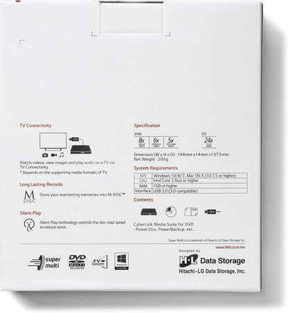 Hitachi-LG GP60 External DVD Drive, Slim Portable DVD Burner/Writer/Player for Laptop, Windows and Mac OS Compatible, USB 2.0, 8x Read/Write Speed