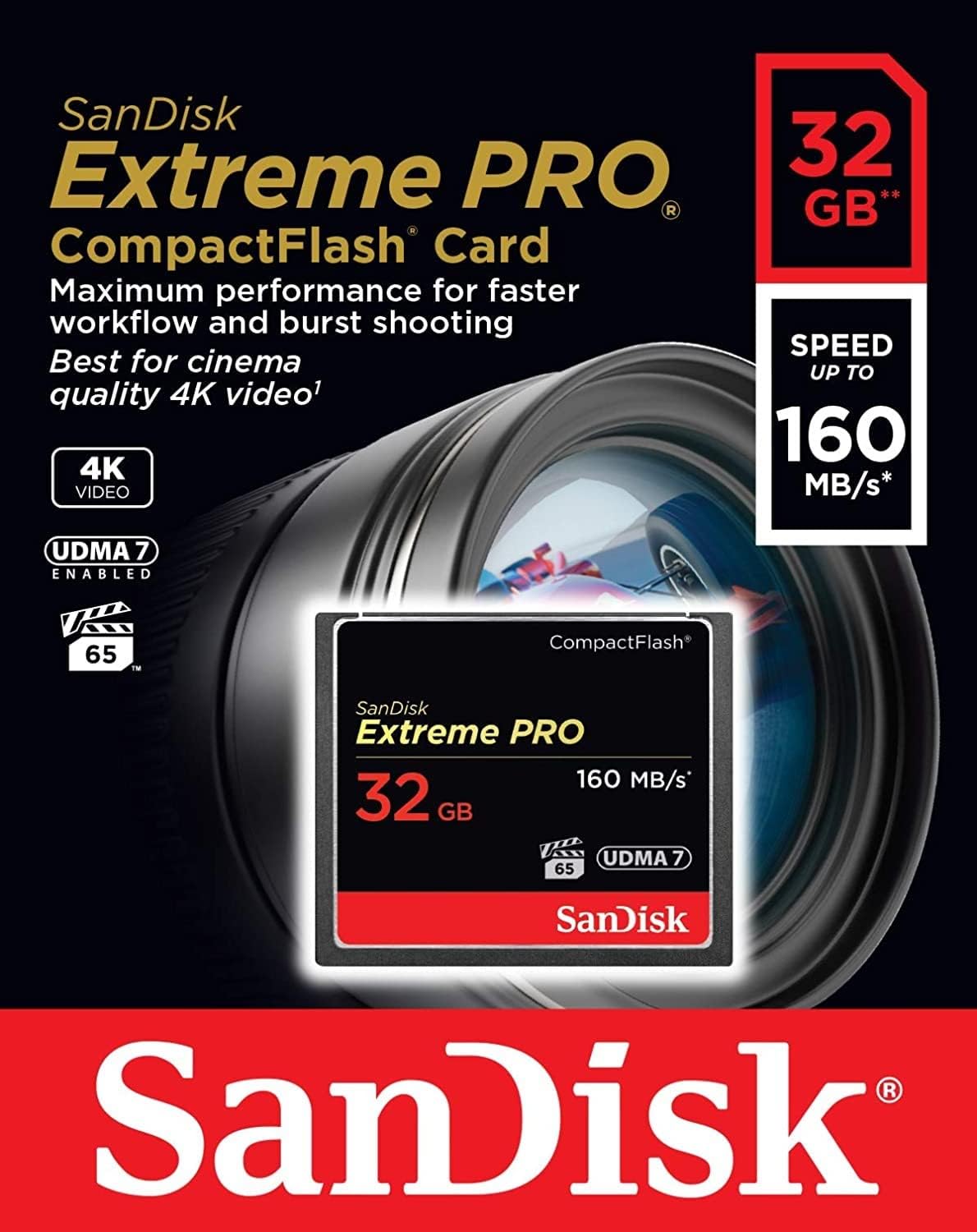 SanDisk Extreme Pro 32 GB 160 MB/s Compact Flash Memory Card - Black/Gold/Red 32GB Standard Packaging