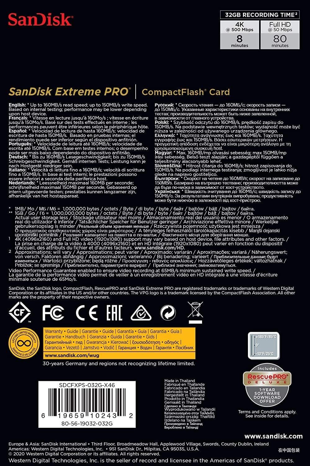 SanDisk Extreme Pro 32 GB 160 MB/s Compact Flash Memory Card - Black/Gold/Red 32GB Standard Packaging