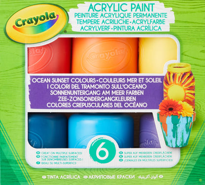 CRAYOLA-6 Gouaches acryliques, Couleurs du coucher du soleil, en pots refermables, prêtes à l'emploi, pour l'école et les loisirs, 54-2010