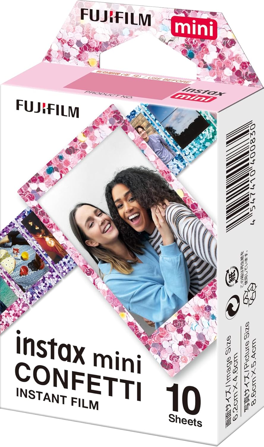 instax mini instant film, Confetti border, 10 shot pack, suitable for all instax mini cameras and printers