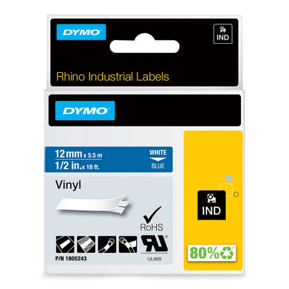 DYMO Rhino Industrial Vinyl Labels 12 mm x 5.5m White Print On Blue Self-Adhesive For DYMO LabelManager & Rhino Label Makers