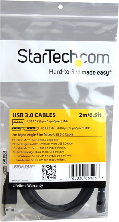 StarTech.com 2m 6 ft Slim Micro USB 3.0 Cable M/M - Right-Angle Micro-USB - USB 3.0 A to Micro B - Angled Micro USB - USB 3.1 Gen 1 5Gbps (USB3AU2MRS), Black