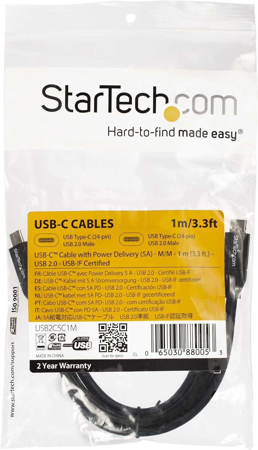 StarTech.com USB C To USB C Cable - 3 ft / 1m - USB-IF Certified - 5A PD - USB 2.0 - USB Type C Charging Cable - USB C Fast Charge Cable (USB2C5C1M