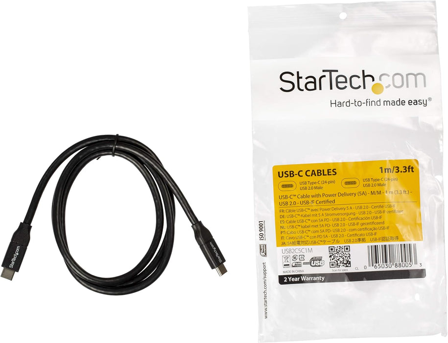 StarTech.com USB C To USB C Cable - 3 ft / 1m - USB-IF Certified - 5A PD - USB 2.0 - USB Type C Charging Cable - USB C Fast Charge Cable (USB2C5C1M