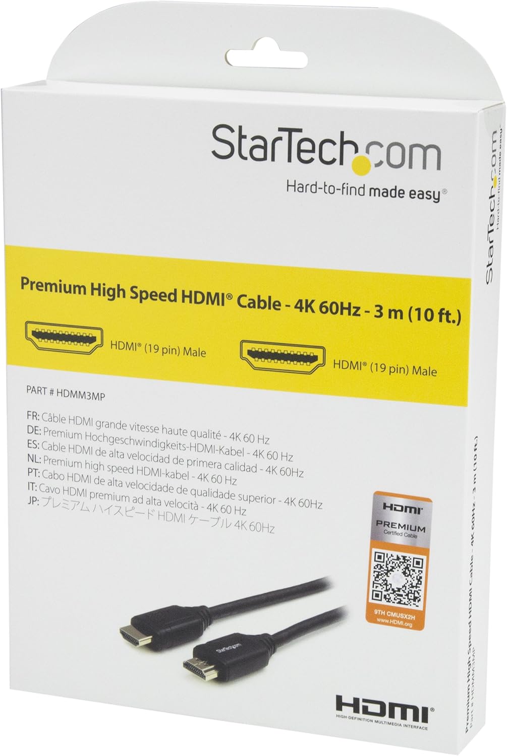 StarTech.com 10ft (3m) Premium Certified HDMI 2.0 Cable with Ethernet - High Speed Ultra HD 4K 60Hz HDMI Cable HDR10 - HDMI Cord (Male/Male Connectors) - For UHD Monitors, TVs, Displays (HDMM3MP) 10 ft/3m
