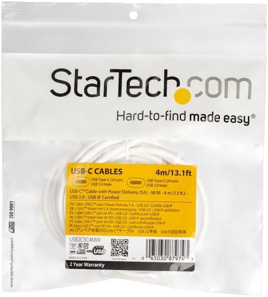 StarTech.com USB C to USB C Cable - 13 ft / 4m - 5A PD - M/M - White - USB 2.0 - USB-IF Certified - USB Type C Cable - USB C Charging Cable (USB2C5C4MW