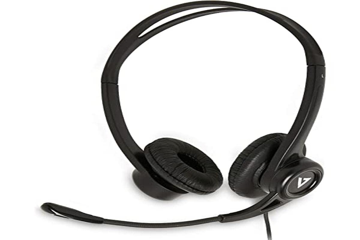 V7 Auriculares estéreo USB de Essentials con micrófono - Auriculares con micrófono (Centro de llamadas/Oficina, Binaural, Diadema, Negro, RoHS, CE, FCC, Alámbrico