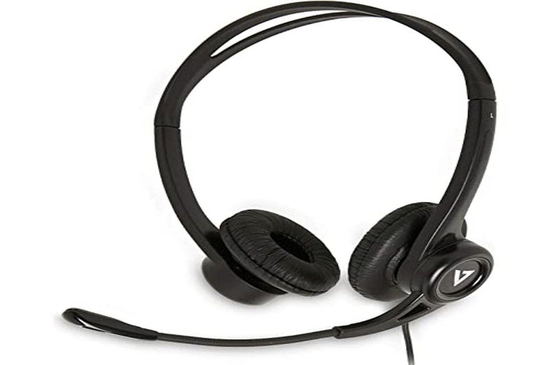 V7 Auriculares estéreo USB de Essentials con micrófono - Auriculares con micrófono (Centro de llamadas/Oficina, Binaural, Diadema, Negro, RoHS, CE, FCC, Alámbrico