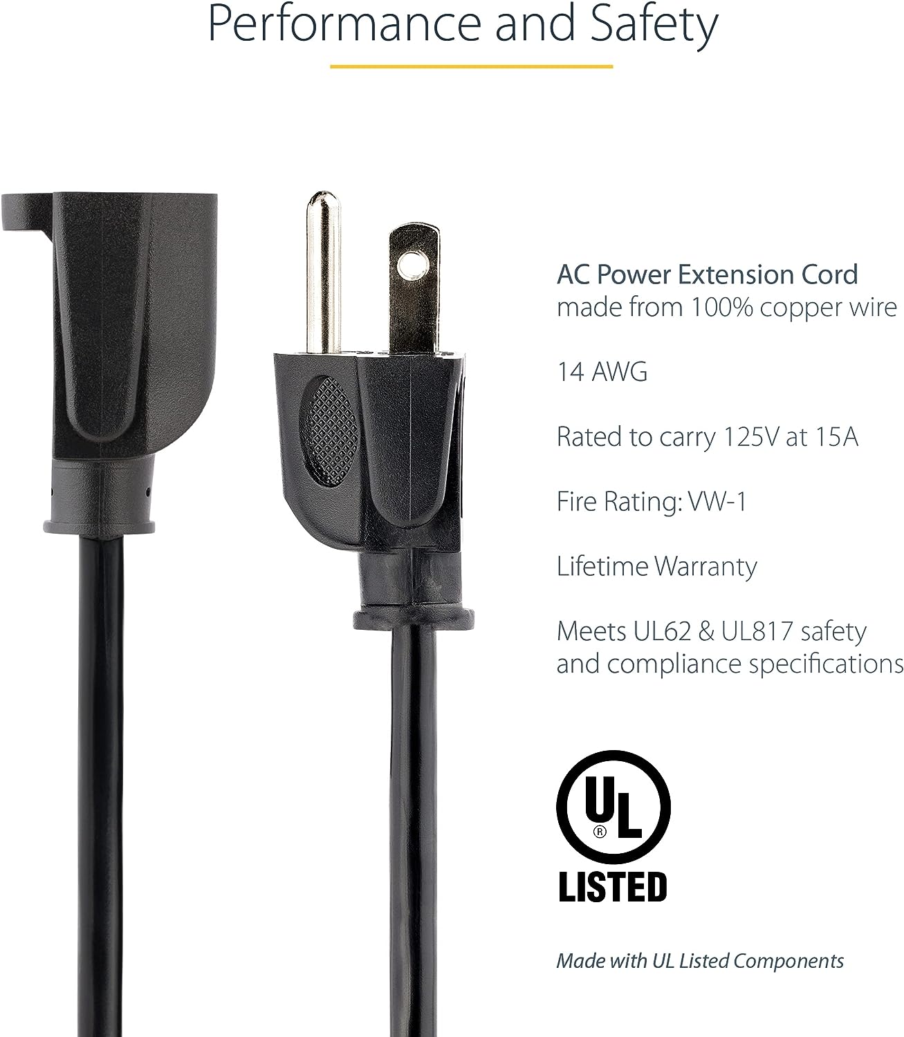 StarTech.com 6ft (1.8m) Heavy Duty Extension Cord, NEMA 5-15R to NEMA 5-15P Black Extension Cord, 15A 125V, 14AWG, Heavy Gauge Power Extension Cable, Heavy Duty AC Power Cord, UL Listed (PAC101146) 14 AWG 6 ft/2 m