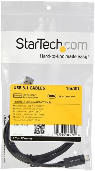 StarTech.com USB to USB C Cable - 3 ft / 1m - 10 Gbps - USB-C to USB-A - USB 2.0 Cable - USB Type C (USB31AC1M