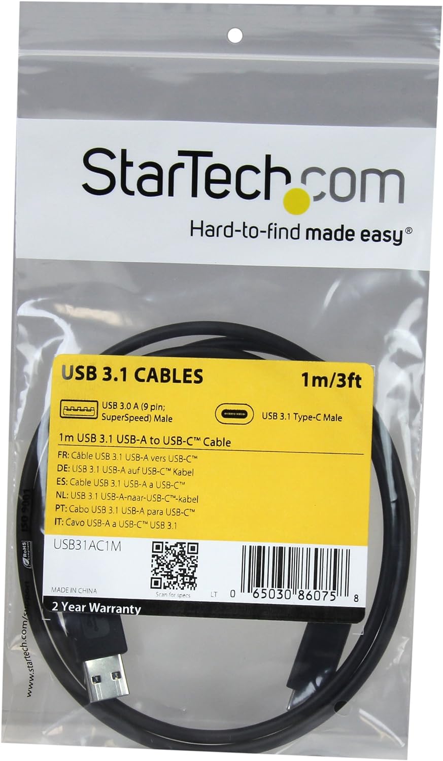 StarTech.com USB to USB C Cable - 3 ft / 1m - 10 Gbps - USB-C to USB-A - USB 2.0 Cable - USB Type C (USB31AC1M