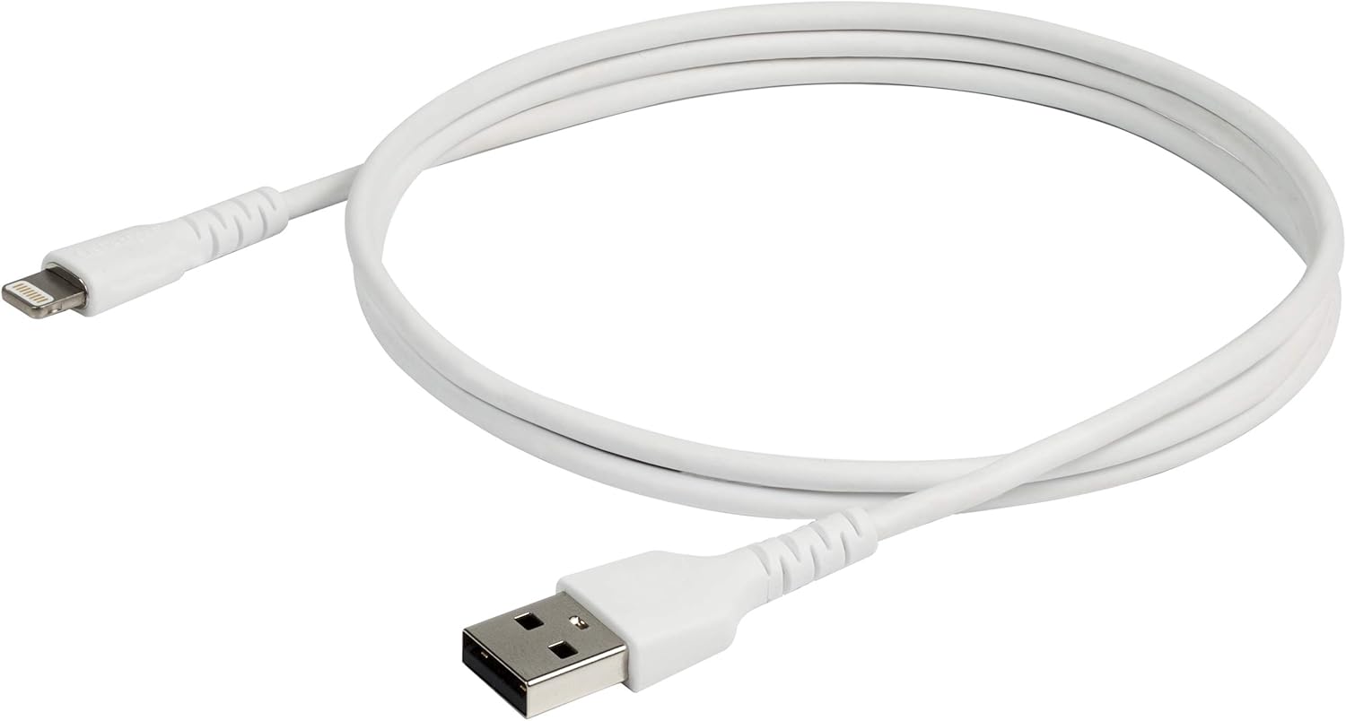 StarTech.com 3 foot (1m) Durable White USB-A to Lightning Cable - Heavy Duty Rugged Aramid Fiber USB Type A to Lightning Charger/Sync Power Cord - Apple MFi Certified iPad/iPhone 12 (RUSBLTMM1M