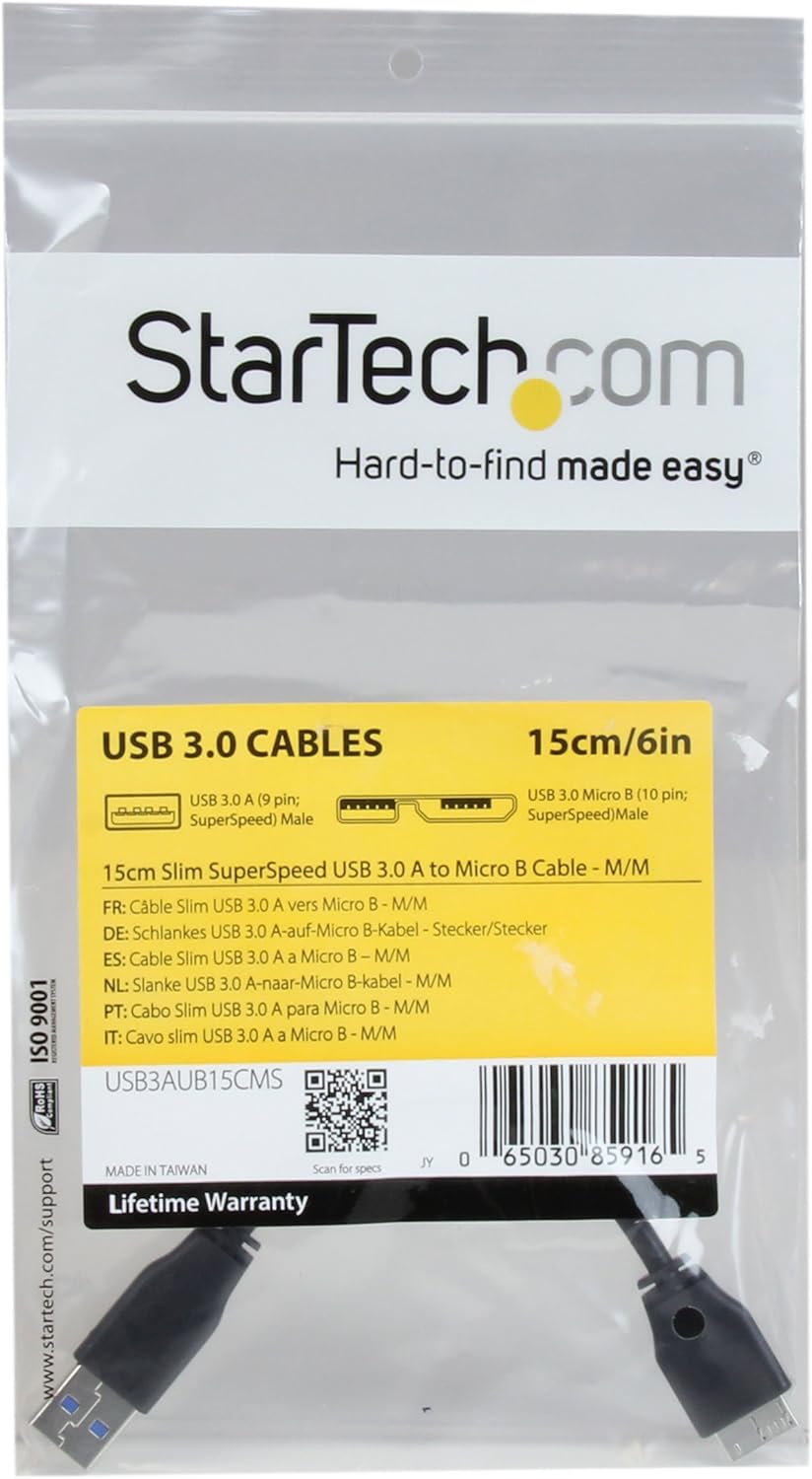 StarTech.com 15cm 6in Short Slim USB 3.0 A to Micro B Cable M/M - Mobile Charge Sync USB 3.0 Micro B Cable for Smartphones and Tablets (USB3AUB15CMS),Black 6 Inch  Single