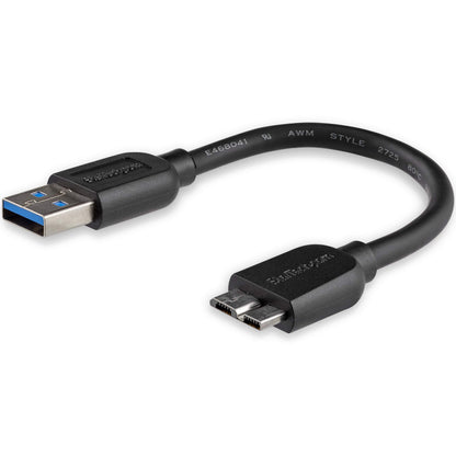 StarTech.com 15cm 6in Short Slim USB 3.0 A to Micro B Cable M/M - Mobile Charge Sync USB 3.0 Micro B Cable for Smartphones and Tablets (USB3AUB15CMS),Black 6 Inch  Single