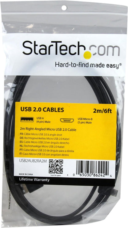 StarTech.com 2m 6 ft Micro-USB Cable with Right-Angled Connectors - M/M - USB A to Micro B Cable - 6ft Right Angle Micro USB Cable (USB2AUB2RA2M