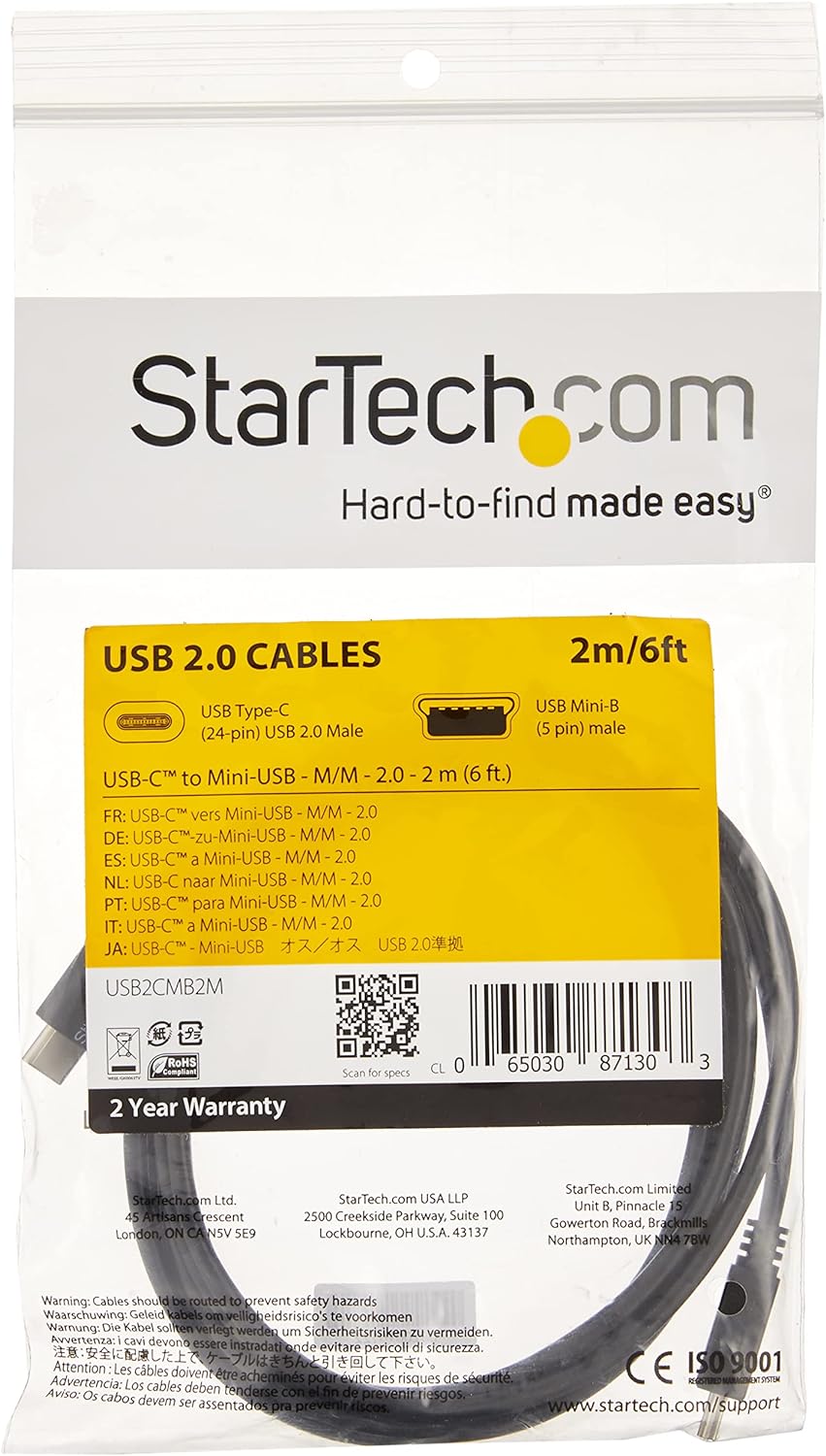 StarTech.com USB C to Mini USB Cable - 6 ft / 2m - M/M - USB 2.0 - Mini USB Cord - USB C to Mini B Cable - USB Type C to Mini USB (USB2CMB2M