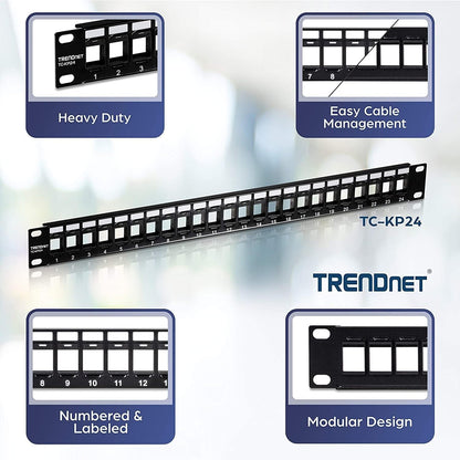 TRENDnet 24-Port Blank Keystone 1U Patch Panel, TC-KP24, Cat5, Cat5e, Cat6, Cat6A, UTP, 19 Inch RackMount Design, Recommended with TC-K25C6 & TC-K50C6 Cat6 Keystone Jacks 24 Port 24-Port