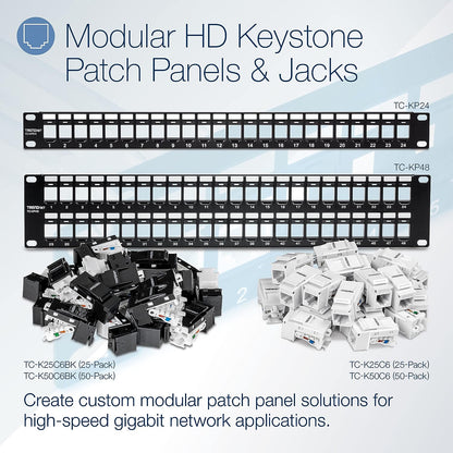 TRENDnet 24-Port Blank Keystone 1U Patch Panel, TC-KP24, Cat5, Cat5e, Cat6, Cat6A, UTP, 19 Inch RackMount Design, Recommended with TC-K25C6 & TC-K50C6 Cat6 Keystone Jacks 24 Port 24-Port