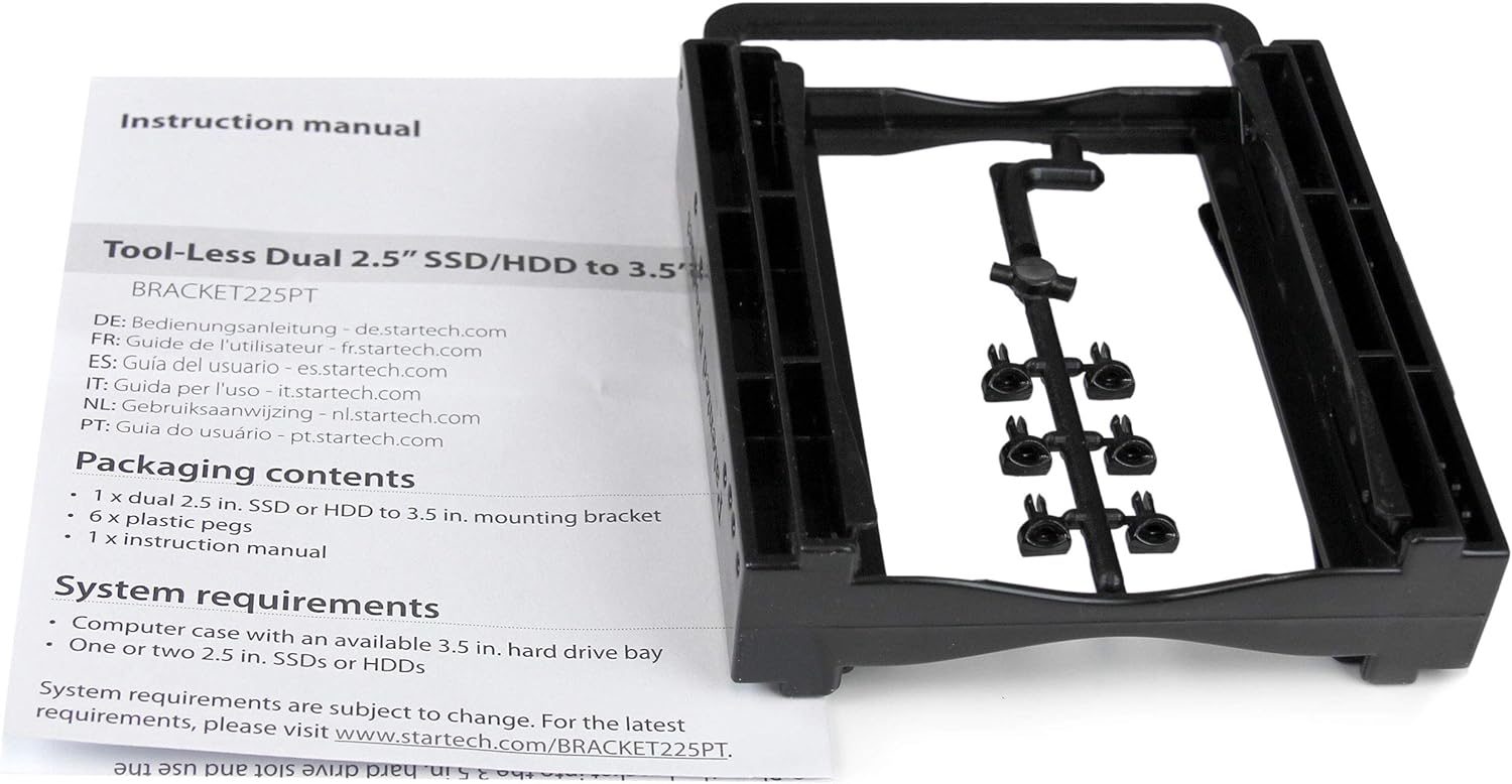 StarTech.com Dual 2.5" SSD/HDD Mounting Bracket for 3.5” Drive Bay - Tool-Less Installation - 2-Drive Adapter Bracket for Desktop Computer (BRACKET225PT) , Black
