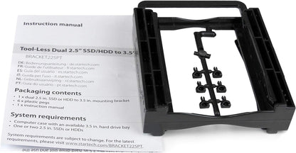 StarTech.com Dual 2.5" SSD/HDD Mounting Bracket for 3.5” Drive Bay - Tool-Less Installation - 2-Drive Adapter Bracket for Desktop Computer (BRACKET225PT) , Black