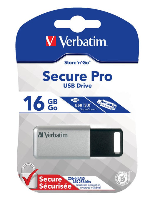 VERBATIM Memoria USB Store 'n' Go Secure Pro I USB 3.2 Gen 1 I 16GB I Memoria extraíble con protección por contraseña I Memoria USB 3 con cifrado I Memoria externa para portátil, etc. I plateado