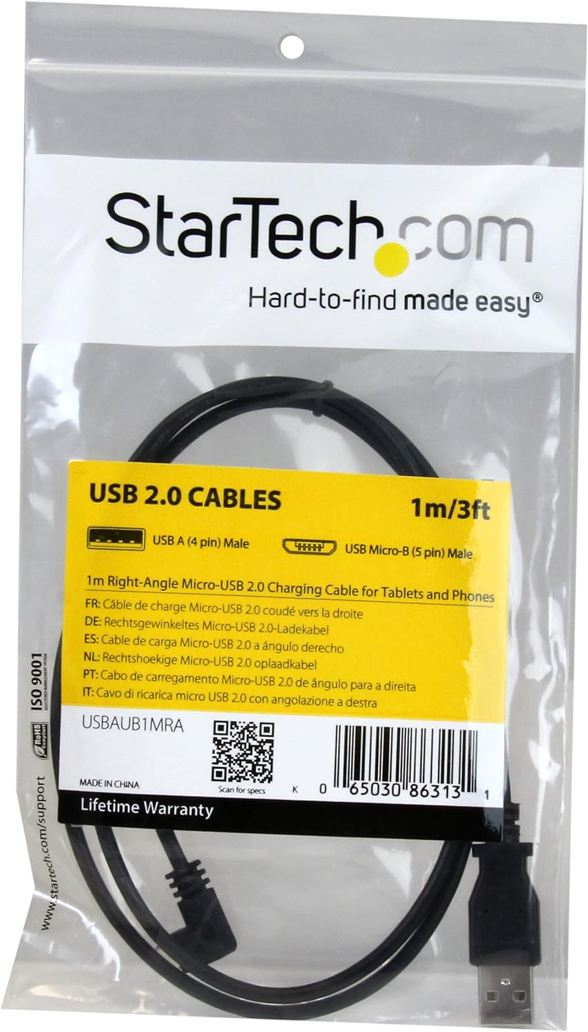 StarTech.com Micro-USB Charge-and-Sync Cable M/M - Right-Angle Micro-USB - 30/24 AWG - 1 m (3 ft.