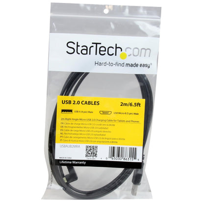 StarTech.com 2m 6 ft Micro-USB Charge-and-Sync Cable - Right-Angle Micro-USB - M/M - USB to Micro USB Charging Cable - 24 AWG (USBAUB2MRA), Black